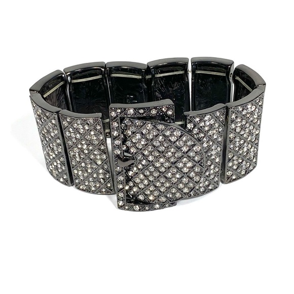 Joan Rivers Bracelet Stretch Black Rhinestones Buckle Marked - Picture 1 of 11